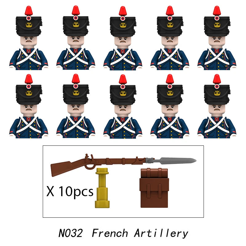 10pcs Napoleonic Wars Military Soldiers Building Blocks WW2 Mini Figures French British Fusilier Rifles Weapons Toys For Kids
