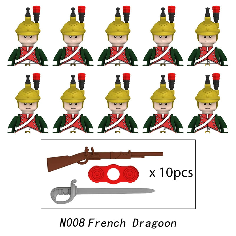 10pcs Napoleonic Wars Military Soldiers Building Blocks WW2 Mini Figures French British Fusilier Rifles Weapons Toys For Kids