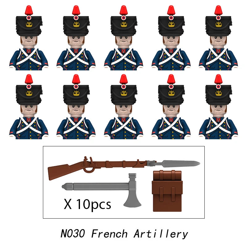 10pcs Napoleonic Wars Military Soldiers Building Blocks WW2 Mini Figures French British Fusilier Rifles Weapons Toys For Kids