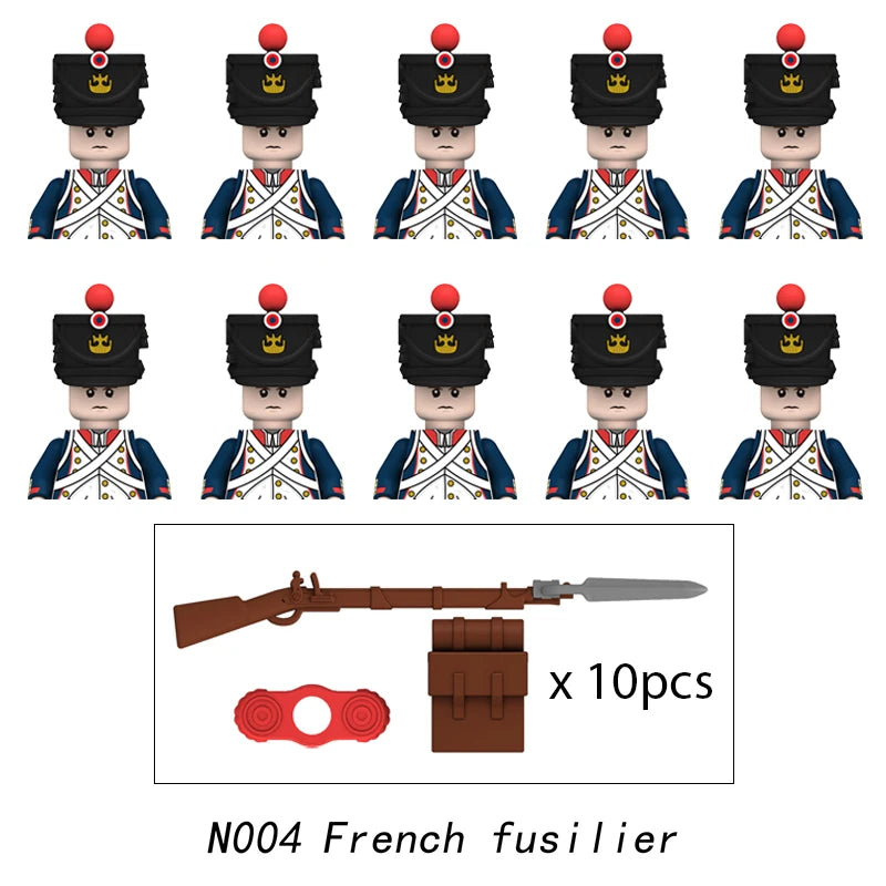10pcs Napoleonic Wars Military Soldiers Building Blocks WW2 Mini Figures French British Fusilier Rifles Weapons Toys For Kids