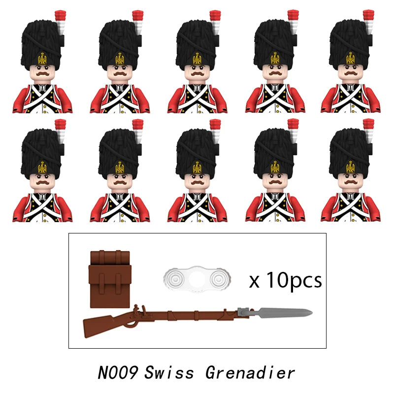 10pcs Napoleonic Wars Military Soldiers Building Blocks WW2 Mini Figures French British Fusilier Rifles Weapons Toys For Kids
