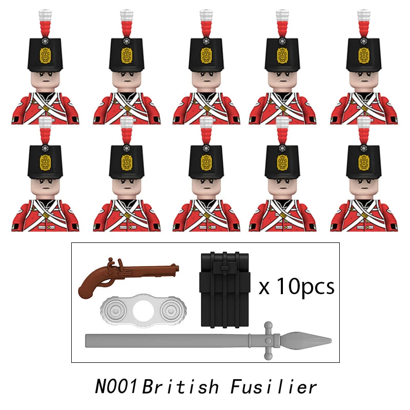 10pcs Napoleonic Wars Military Soldiers Building Blocks WW2 Mini Figures French British Fusilier Rifles Weapons Toys For Kids